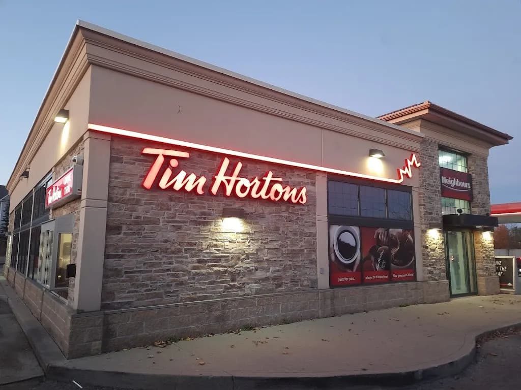 Tim Hortons storefront and interior at 520 Winchester Dr E, Whitby, ON