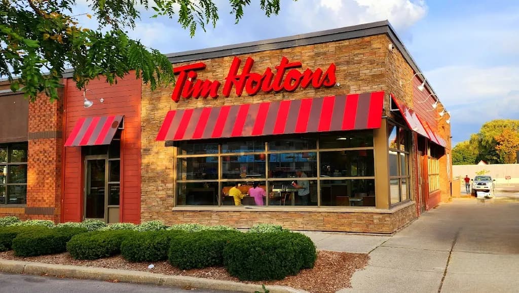 Tim Hortons storefront and interior at 445 Berford St, Wiarton, ON
