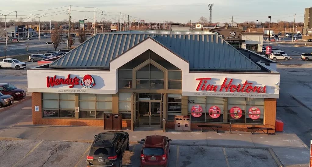 Tim Hortons storefront and interior at 5 Amy Croft Dr, Windsor, ON