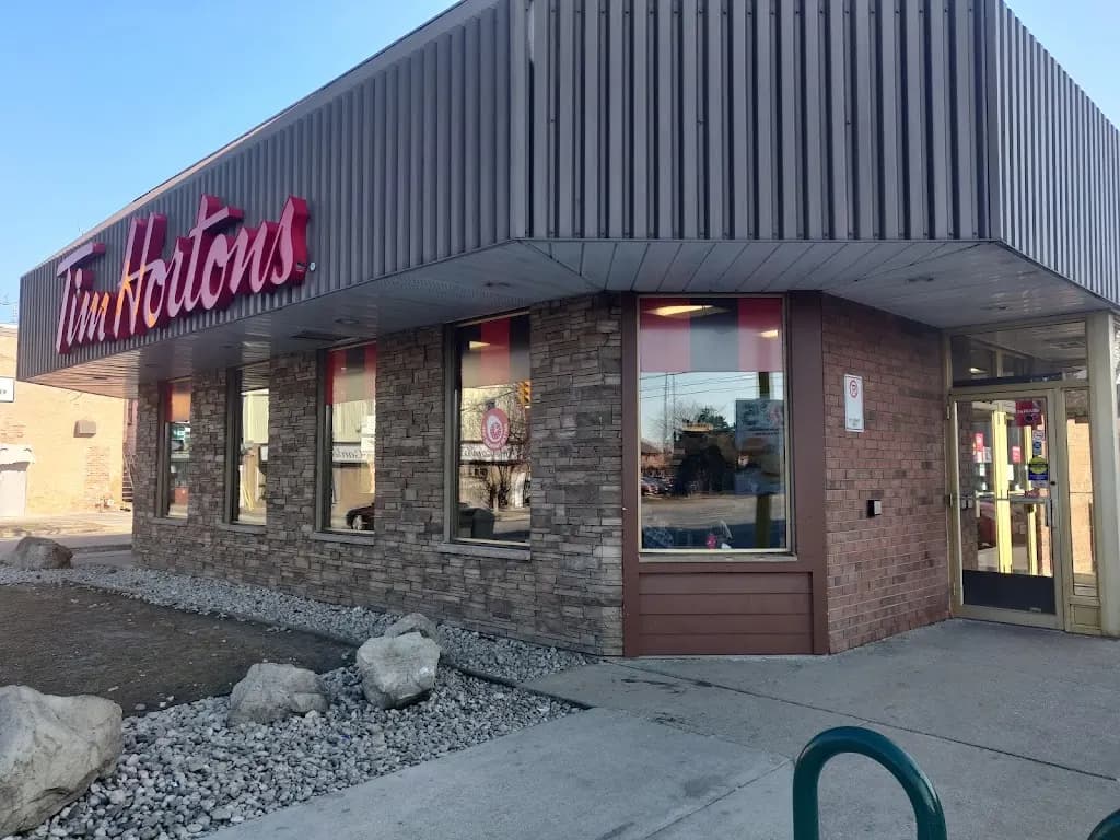 Tim Hortons storefront and interior at 525 University Ave, Windsor, ON
