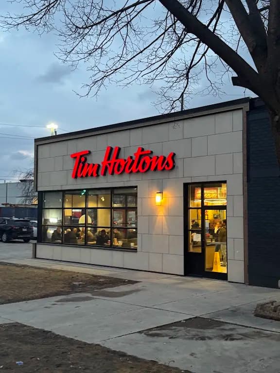 Tim Hortons storefront and interior at 939 Wyandotte St W, Windsor, ON