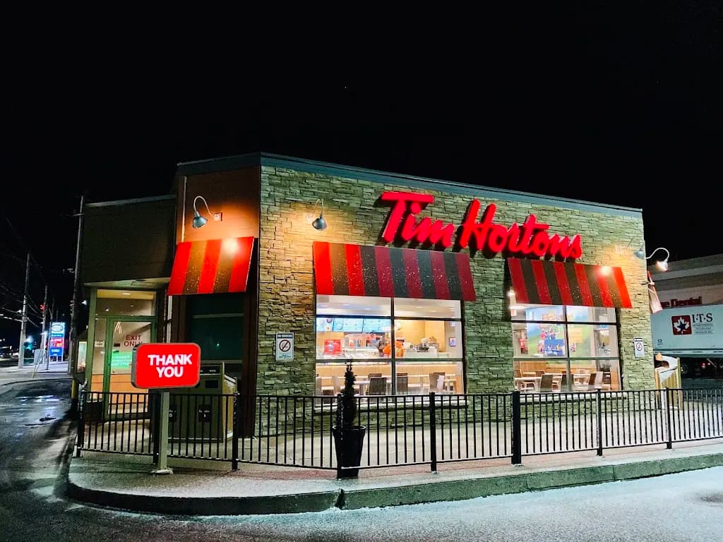 Tim Hortons storefront and interior at 1420 Huron Church Rd, Windsor, ON