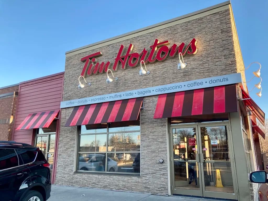 Tim Hortons storefront and interior at 1421 Grand Marais Rd West, Windsor, ON