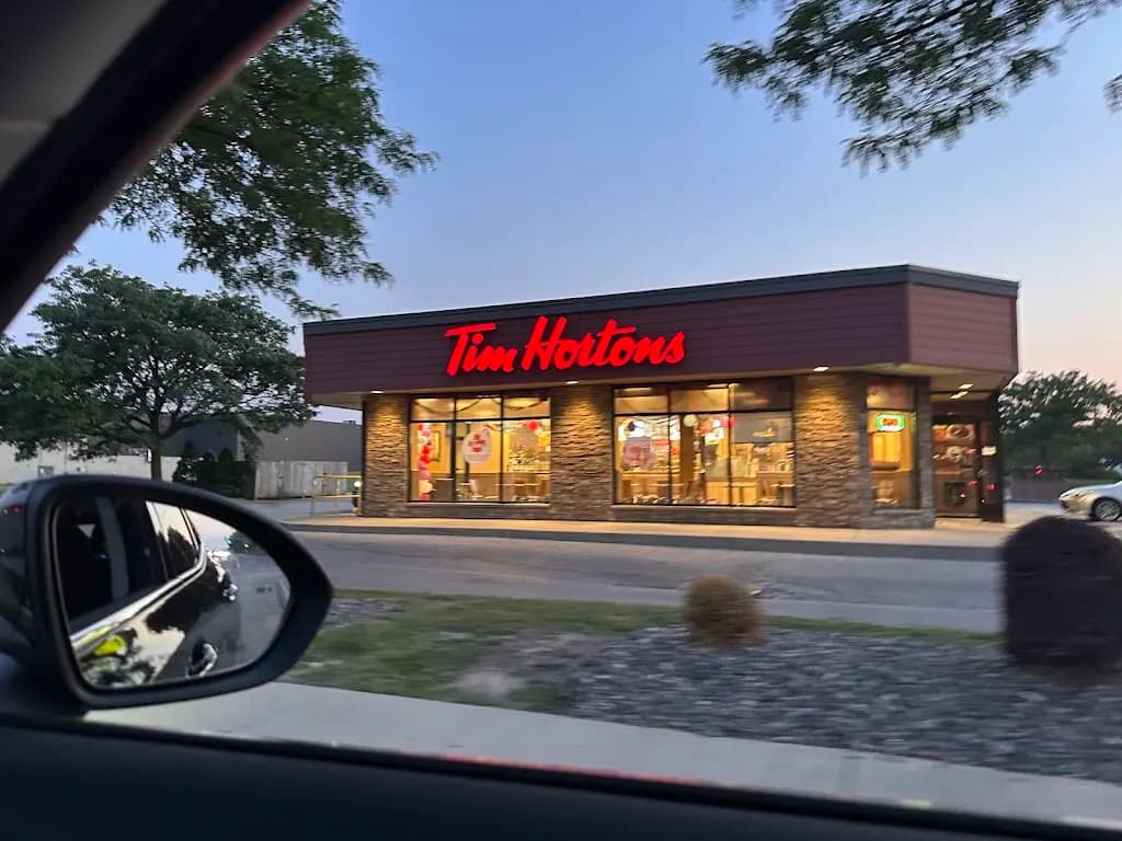 Tim Hortons storefront and interior at 1875 Huron Church Rd, Windsor, ON