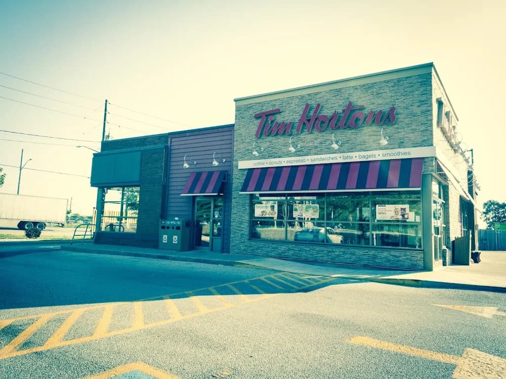 Tim Hortons storefront and interior at 3405 North Service Rd E, Windsor, ON