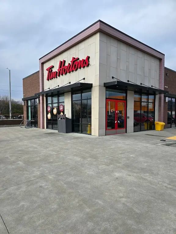 Tim Hortons storefront and interior at 3585 Forest Glade Dr, Windsor, ON