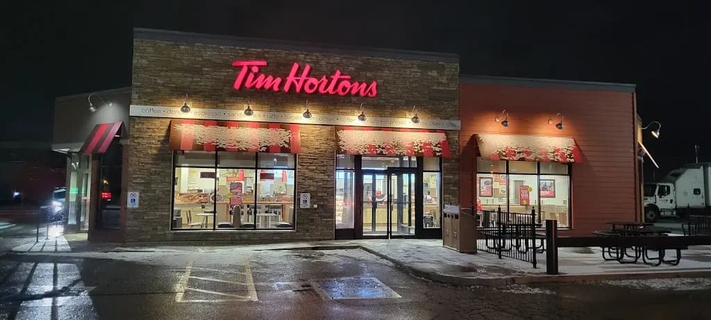 Tim Hortons storefront and interior at 5495 Ojibway Parkway, Windsor, ON