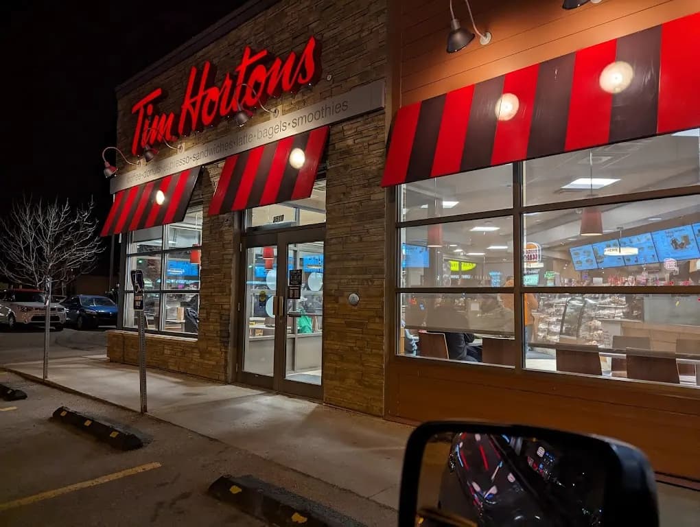Tim Hortons storefront and interior at 1518 8th St, Saskatoon, SK